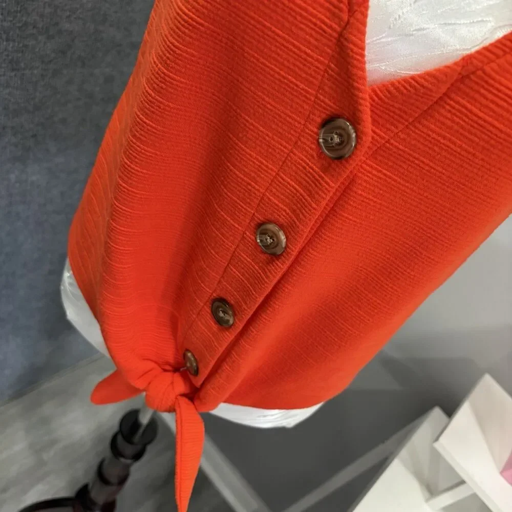J Crew Orange Red Ribbed Knit Button Down Tie Front Tank Top Sleeveless Shirt S